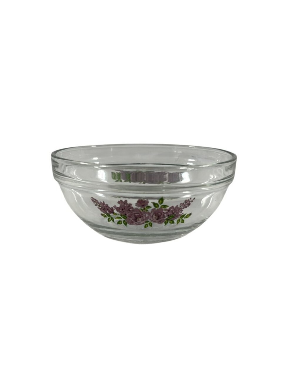 Vtg Durable Glass Small Dessert Clear Custard Purple Floral Roses 3.5" Across